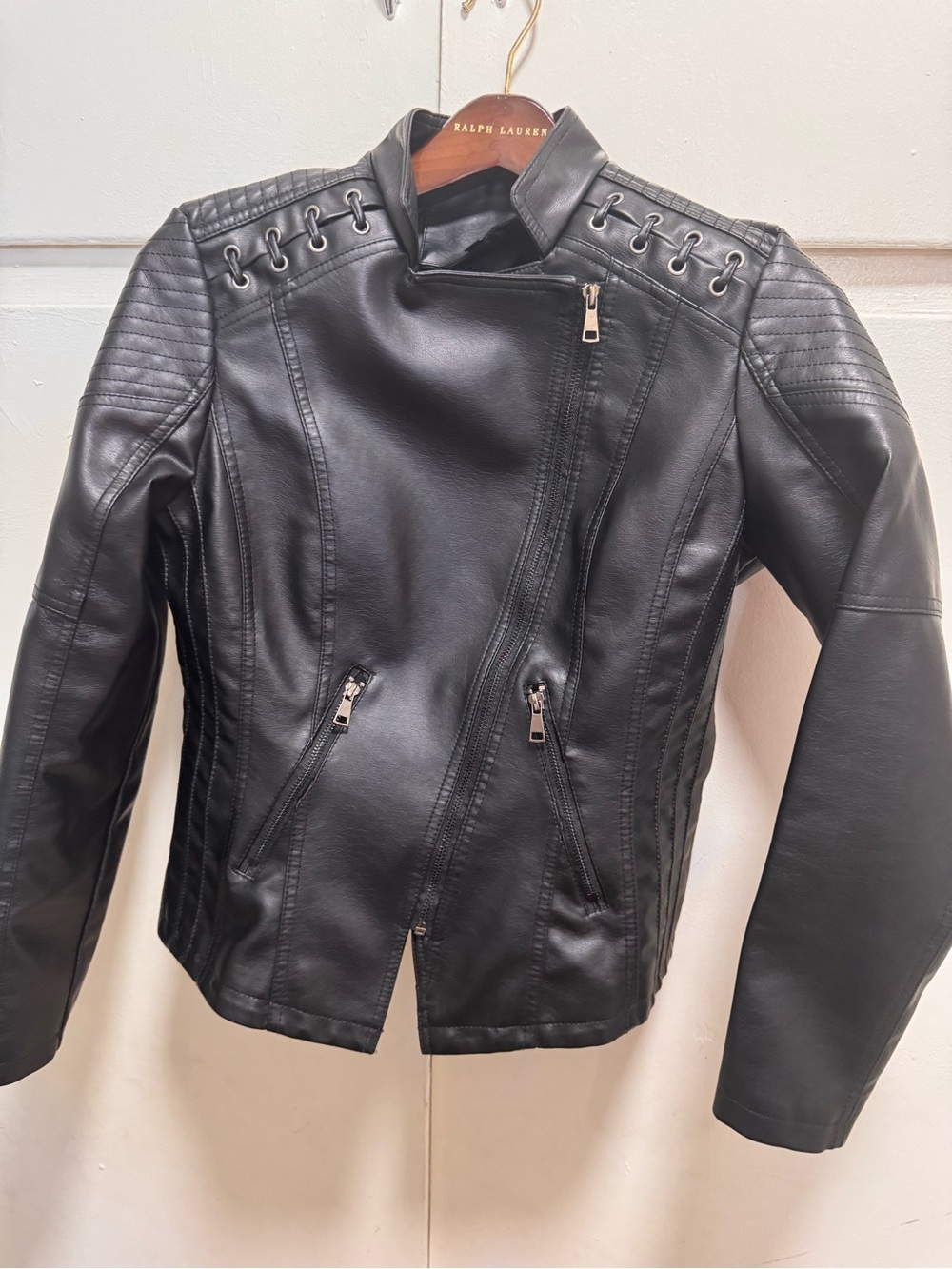 Ralph Lauren Black Faux Leather Moto Jacket with Lace-Up Shoulder Detail
